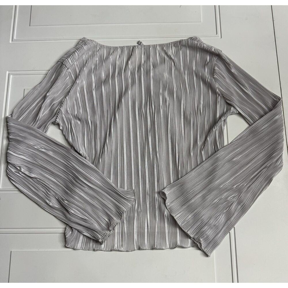 By Anthropologie Womens Shirt Small Gray Satin Open Wrap Tie Ribbed Bell Sleeve - Picture 5 of 7